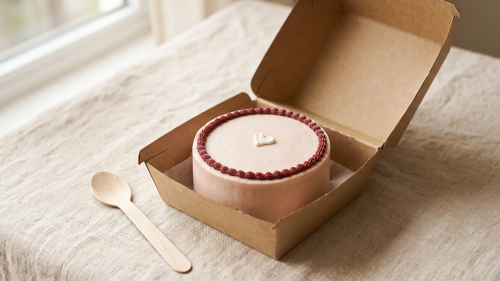 A small blush bento cake in an open kraft box