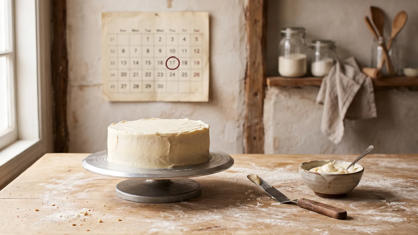 A cake mid-decoration on a turntable, a calendar behind it