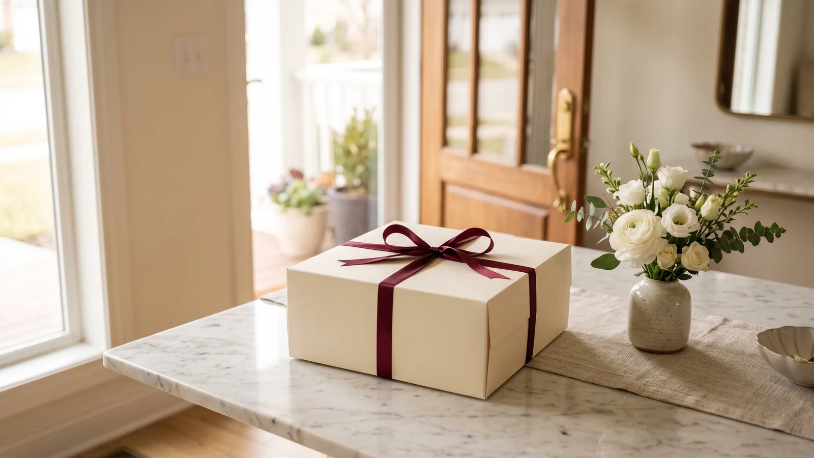 A cream cake box tied with a maroon ribbon on an entryway table