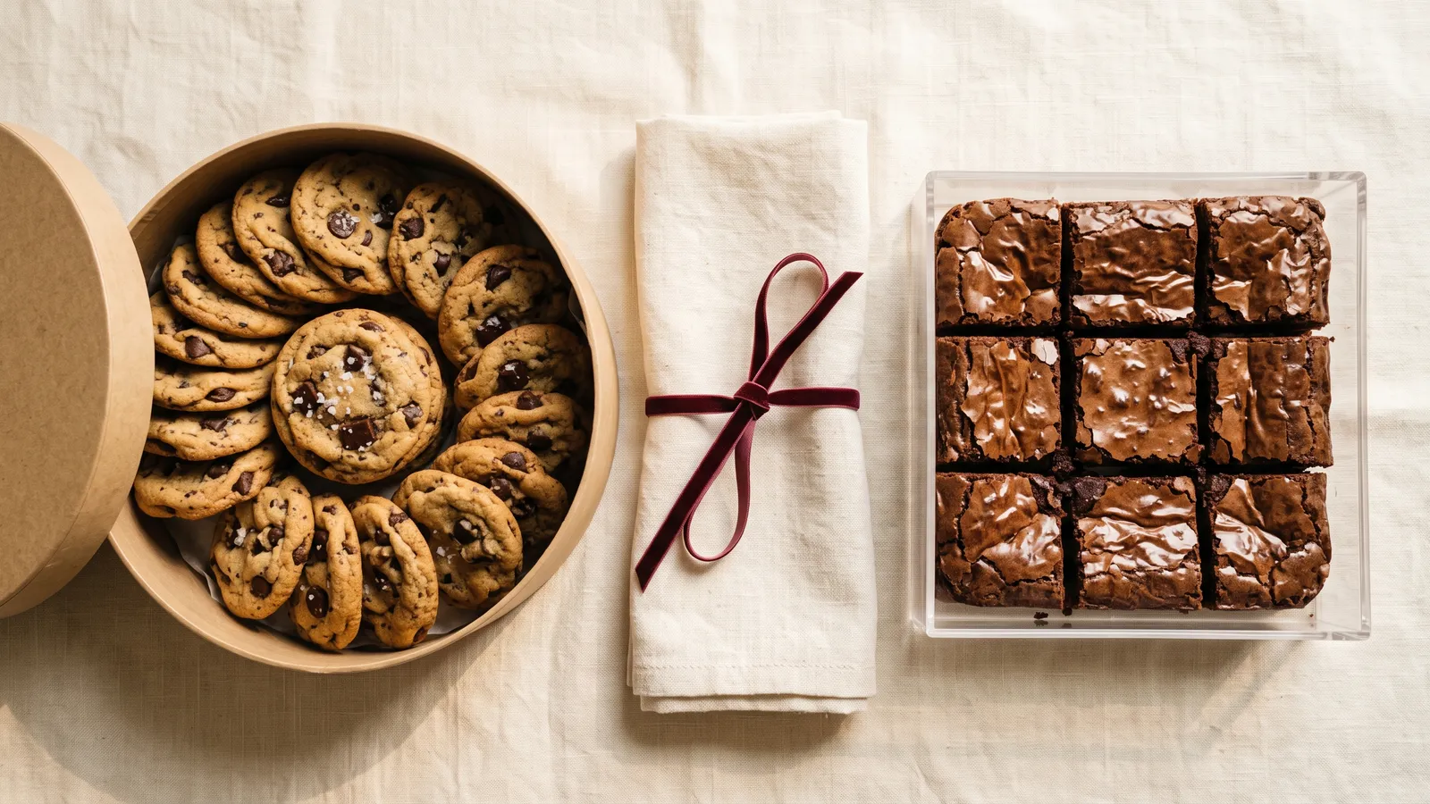A tin of cookies beside a tub of fudgy brownies
