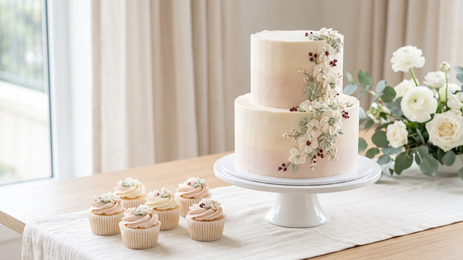 A two-tier blush cake with piped flowers and matching cupcakes